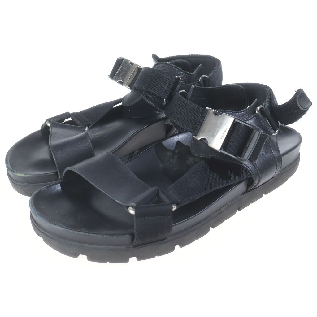 PRADA (プラダ) アンクルストラップ レザーサンダル シューズ ブラック 2X3055