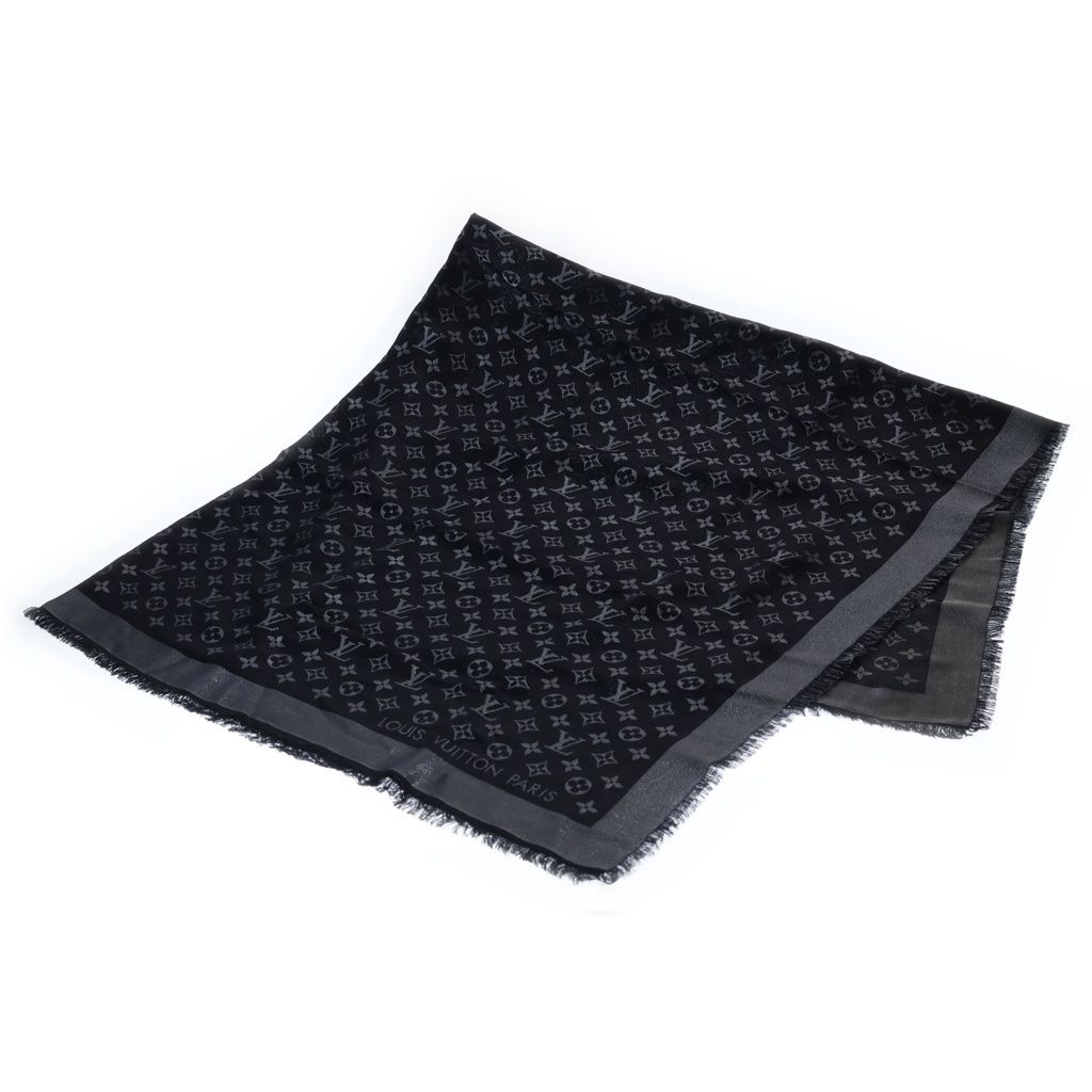 LOUIS VUITTON (ルイヴィトン) ショール モノグラム シャイン シルク×レーヨン×ウール ストール ブラック/シルバー M75123