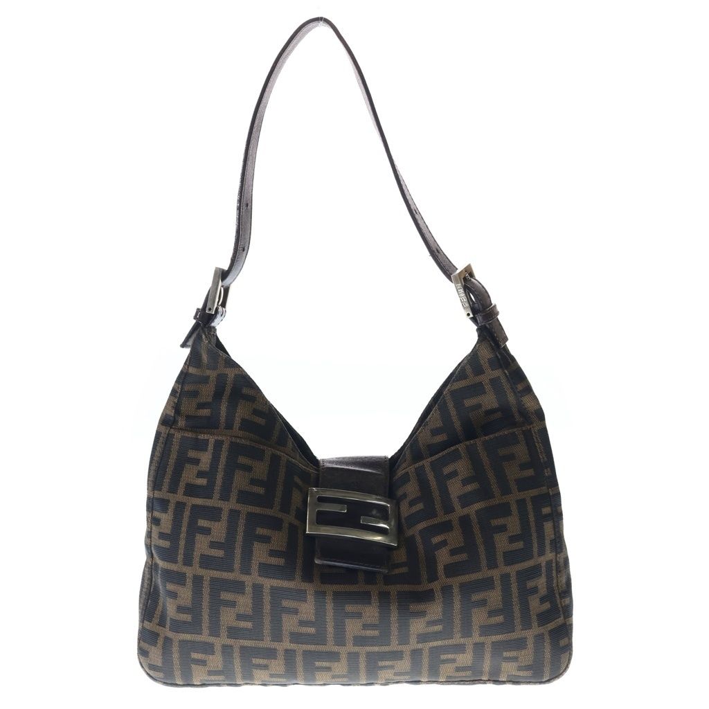 FENDI (フェンディ) ハンドバッグ マンマバケット ズッカ柄 ワンショルダーバッグ ブラック×ブラウン ナイロン×レザー 265690 シルバー金具