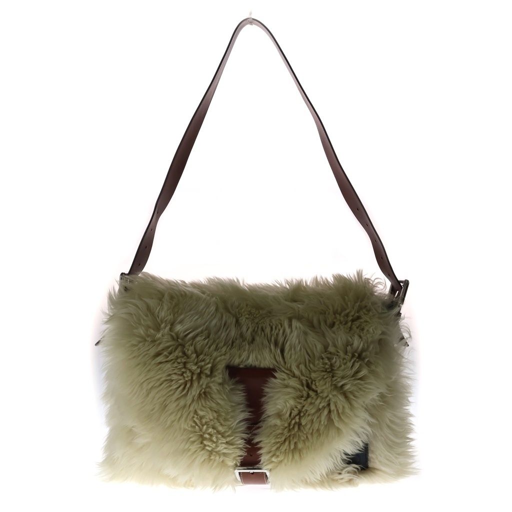 LOEWE (ロエベ) アナグラムロゴ レザーパッチ シアリング ファー ショルダーバッグ シルバー金具 ベージュ/ブラウン