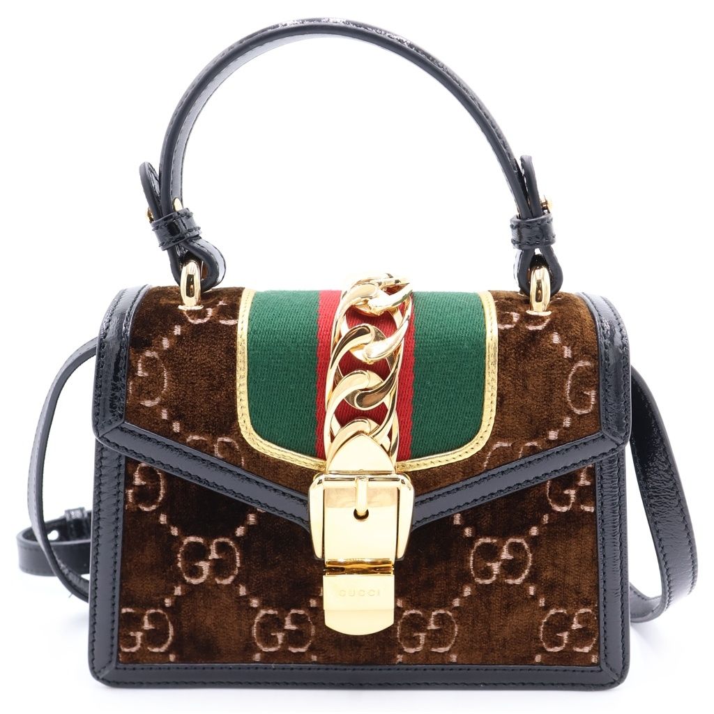GUCCI (グッチ) シルヴィ シェリーライン ベルベット ベロア レザー ゴールド金具 2WAY ハンドバッグ ショルダーバッグ ブラウン 493075