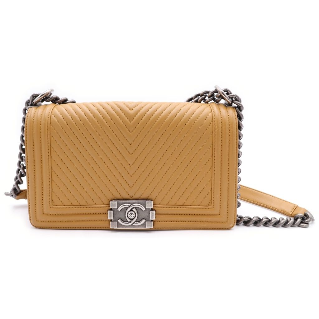 CHANEL (シャネル) ボーイシャネル25 シェブロン Vステッチ チェーンショルダーバッグ キャメル ブラウン レザー シルバー金具