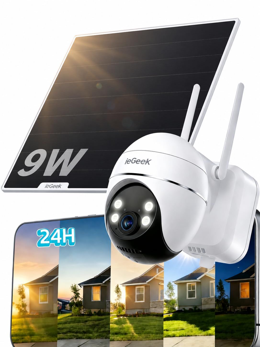 【電池式の限界を超える?常時録画×360°自動追尾 】ieGeek 防犯カメラ 屋外 ソーラー 9000mAhバッテリー 9Wソーラー/連続給電 25m暗視距離 AI検知 人?車無*償 5DBI 声変える双方向通話 4MP ワイヤレス/wifi 監視カメpms