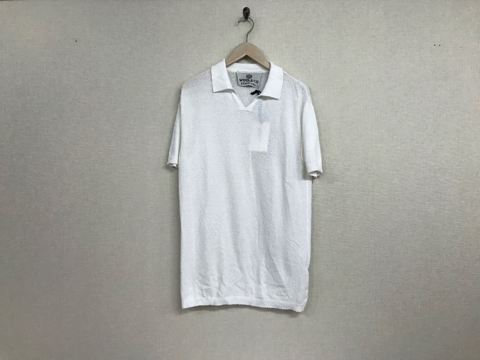 新品未使用本物ウールアンドコーWOOL&COコットンタオル生地ニット半袖ポロシャツメンズサーフアメカジミリタリーワークストリートスケータービジネススーツドレスゴルフスポーツ白ホワイトLイタリア製