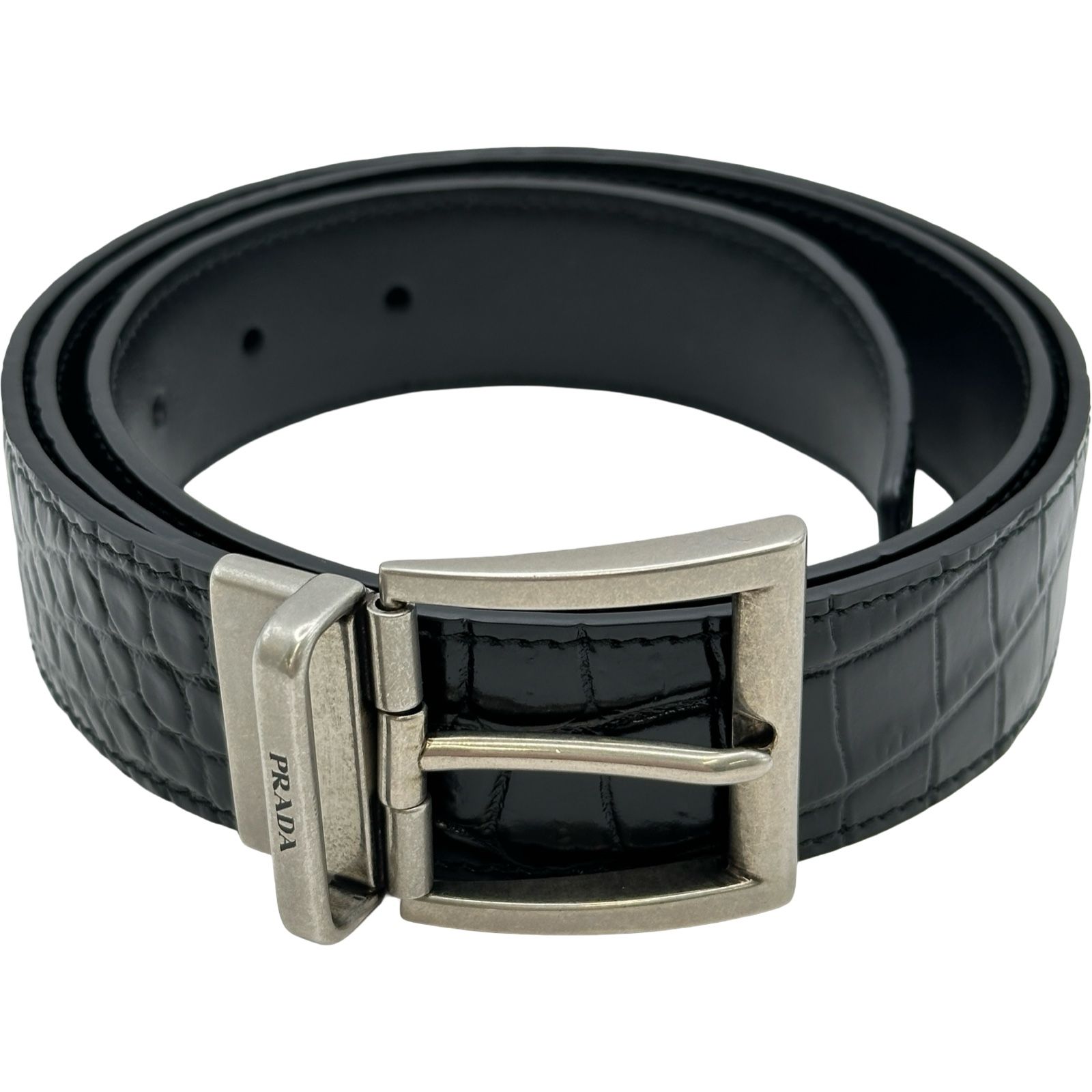 プラダ PRADA クロコダイルレザーベルト 36 2CC601 ブラック シルバー金具 クロコ レディース ベルト