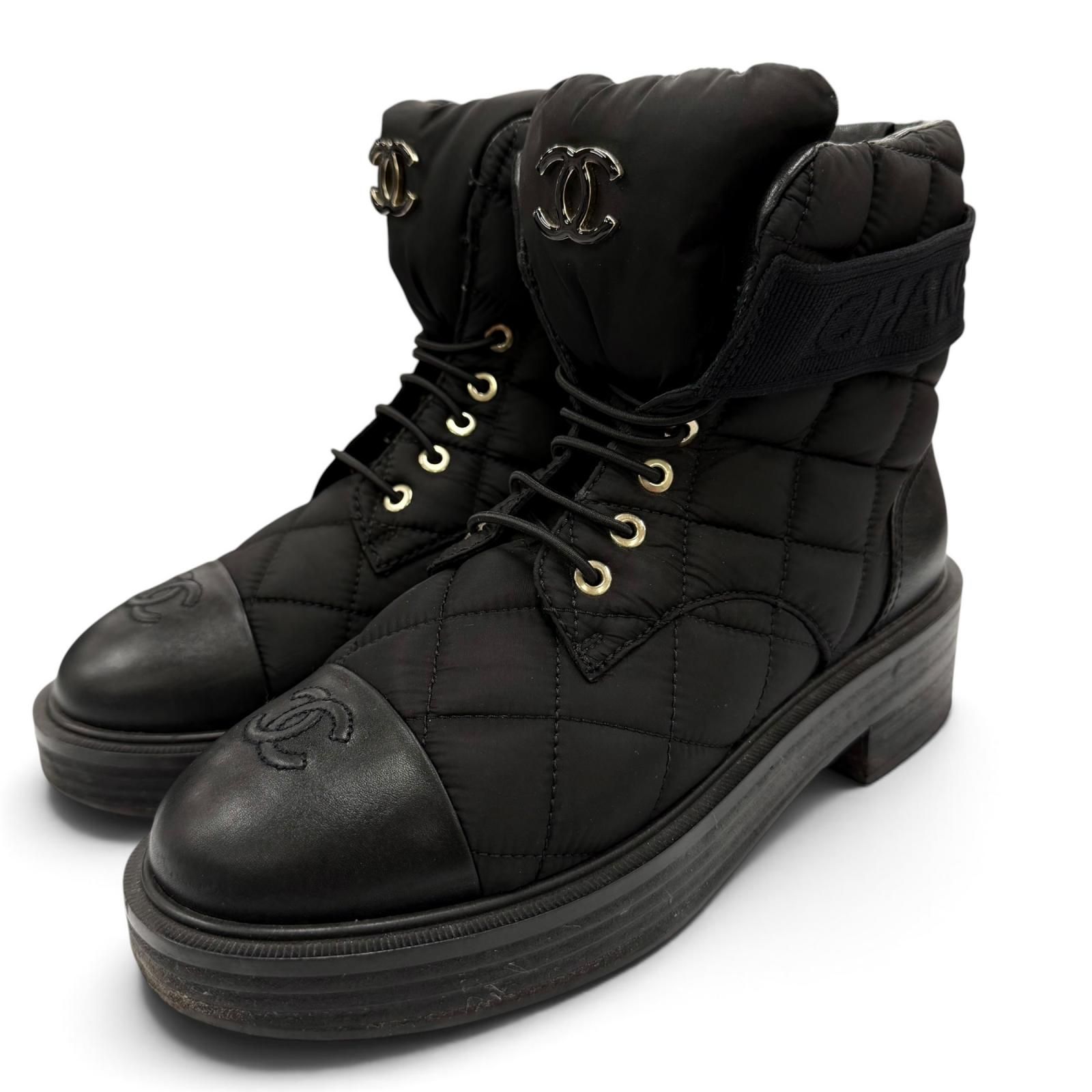 人気☆CHANEL シャネル 23B G45125 ココマーク・ロゴ マトラッセ レザー ショートブーツ ブラック 37.5 イタリア製 箱・保存袋付