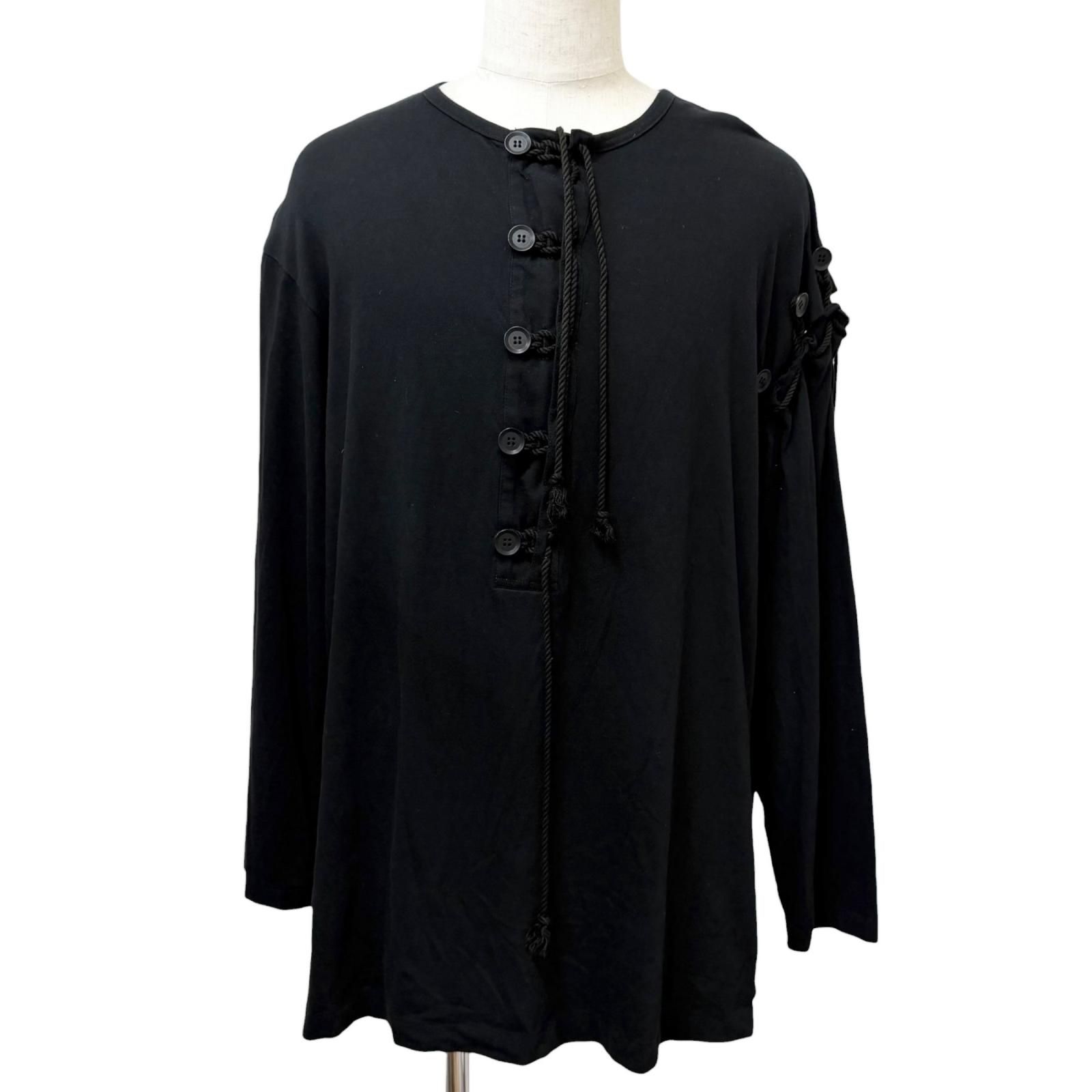美品□Yohji Yamamoto POUR HOMME ヨウジヤマモトプールオム HD-T13-078 レースアップ ヘンリーネック 長袖Ｔシャツ 3 日本製 正規品 22,200円