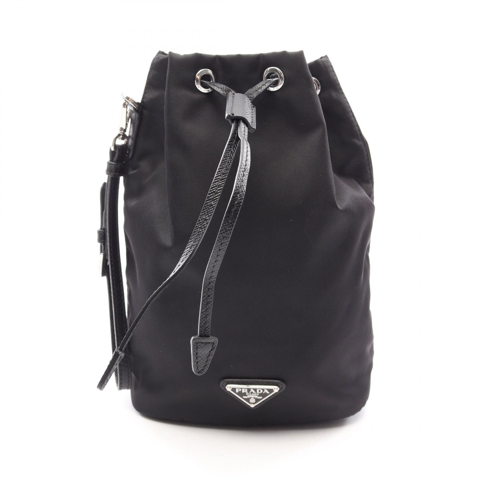 プラダ PRADA ポーチ 巾着 ブラック ナイロン サフィアーノレザー トライアングルロゴ 巾着ポーチ レディース Used A