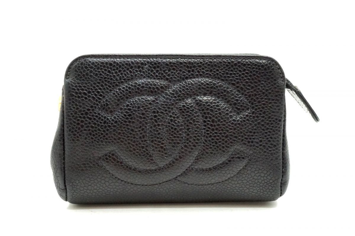 シャネル ココマーク ミニ ポーチ 小物入れ キャビアスキン レザー 黒 ブラック CHANEL 7322k