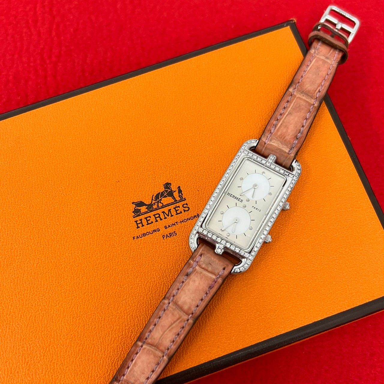 稼働品 極 美品 □L 刻印 HERMES エルメス ケープコッド ドゥゾーン アリゲーター ダイヤモンド クォーツ 腕時計 ブラウン 47195