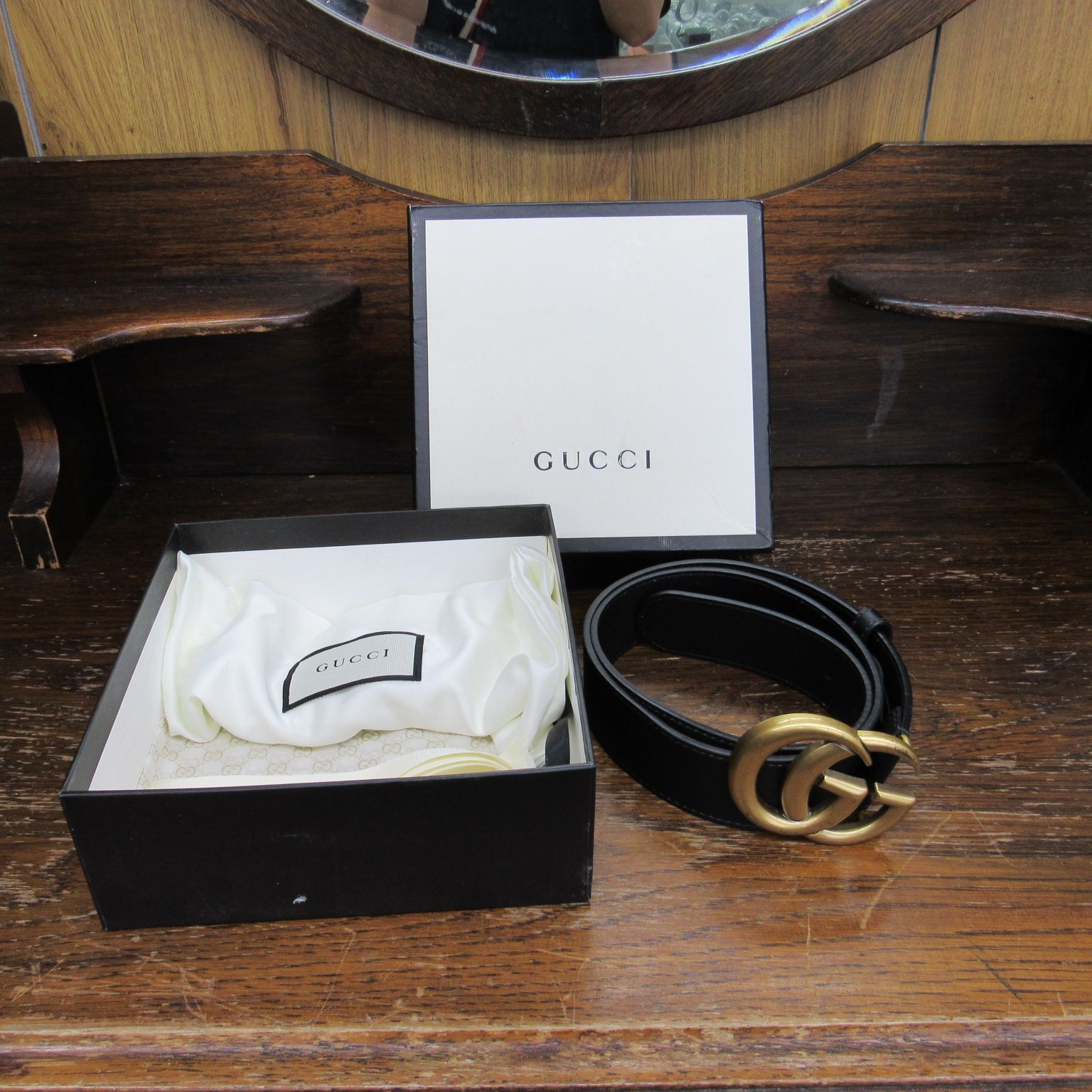 GUCCI　グッチ　GGレザーワイドベルト　ゴールド/ブラック　中古　エキスパート藤沢辻堂店