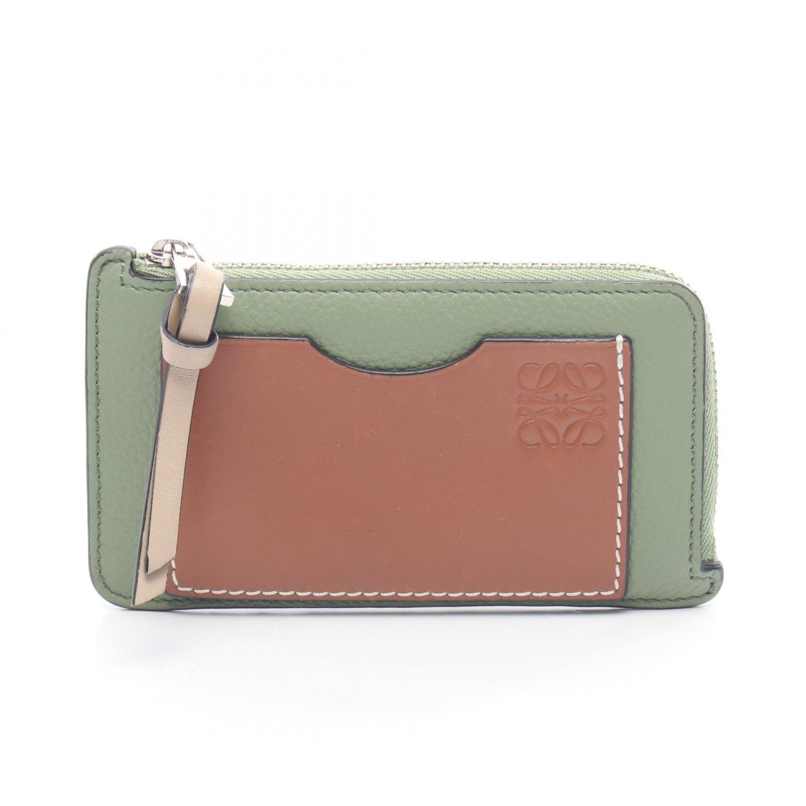 ロエベ LOEWE コインケース コインカードホルダー グリーン/ブラウン レザー カードフォルダー レディース Used B
