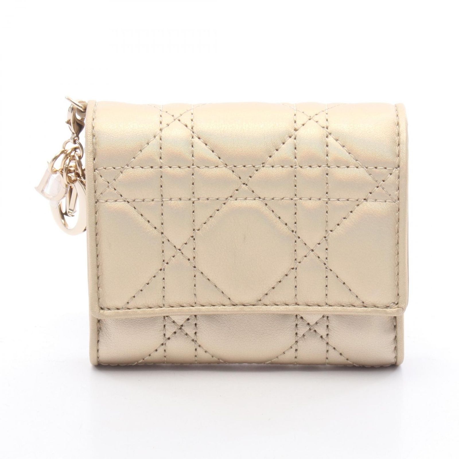 ディオール Dior 三つ折り財布 レディーディオール カナージュ ゴールド ラムスキン（羊革） レディーディオール 三つ折り財布 レディース Used A