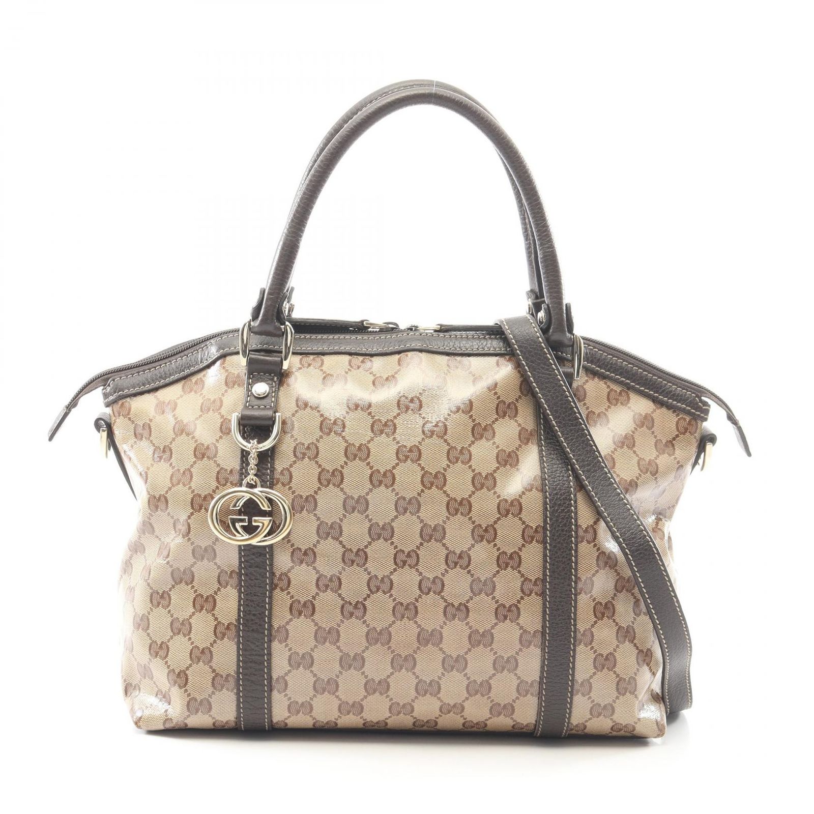 グッチ GUCCI トートバッグ インターロッキングG GGクリスタル WAY 341503 ベージュ/ブラウン PVCコーティングキャンバス レザー アビー 2wayトート レディース Used B