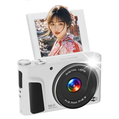 ms2026新登場 デジタルカメラ スマホWIFI転送 5600万画素 デジカメ 1080P録画 16X 2.8インチ 180°回転 64G SDカード付き コンパクト 自撮り/修学旅行/Vlog/初心者/プレゼントに最適 ホワイト