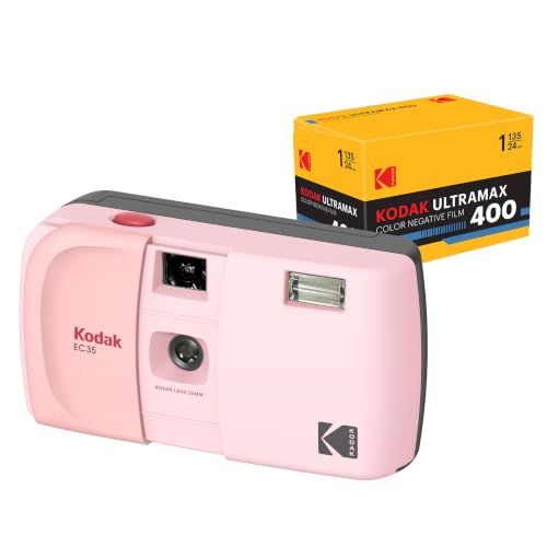 msコダック EC35 35mmフィルムカメラ、35mm判、再利用可能、フォーカスフリー、内蔵フラッシュ、スライドカバー付き、初心者向け（ブラッシュピンク）Kodak ウルトラマックス 400/24EXP ロールフィルム付き
