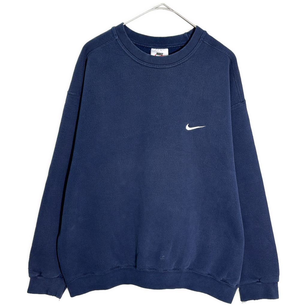 90年代 USA製 NIKE ナイキ ワンポイントロゴ ダメージスウェット スポーツ ネイビー(メンズ L)中古 古着 Y6859