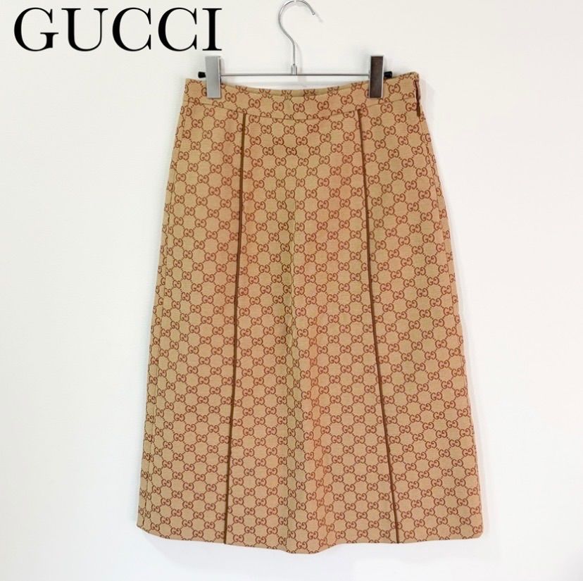 【極美品】GUCCI グッチ GGジャガード スカート レディース Lサイズ 40 ミモレ丈 Aライン GG柄 モノグラム ベージュ ブラウン ひざ丈 イタリア製 ハイブランド 希少 高級 ブランド GGモノグラム ジャガード Aラインスカート 40 L