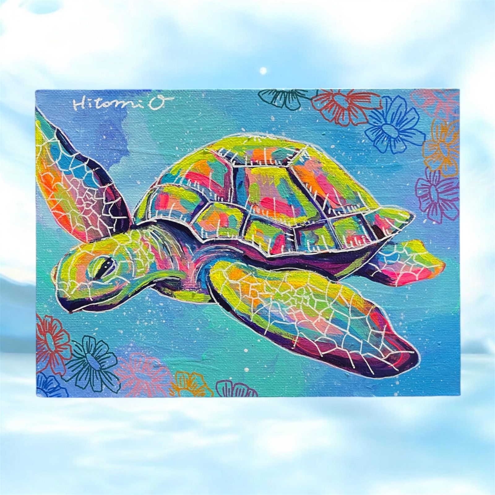 キャンバスパネル原画○カラフルなウミガメの絵 真作 絵画 現代アート