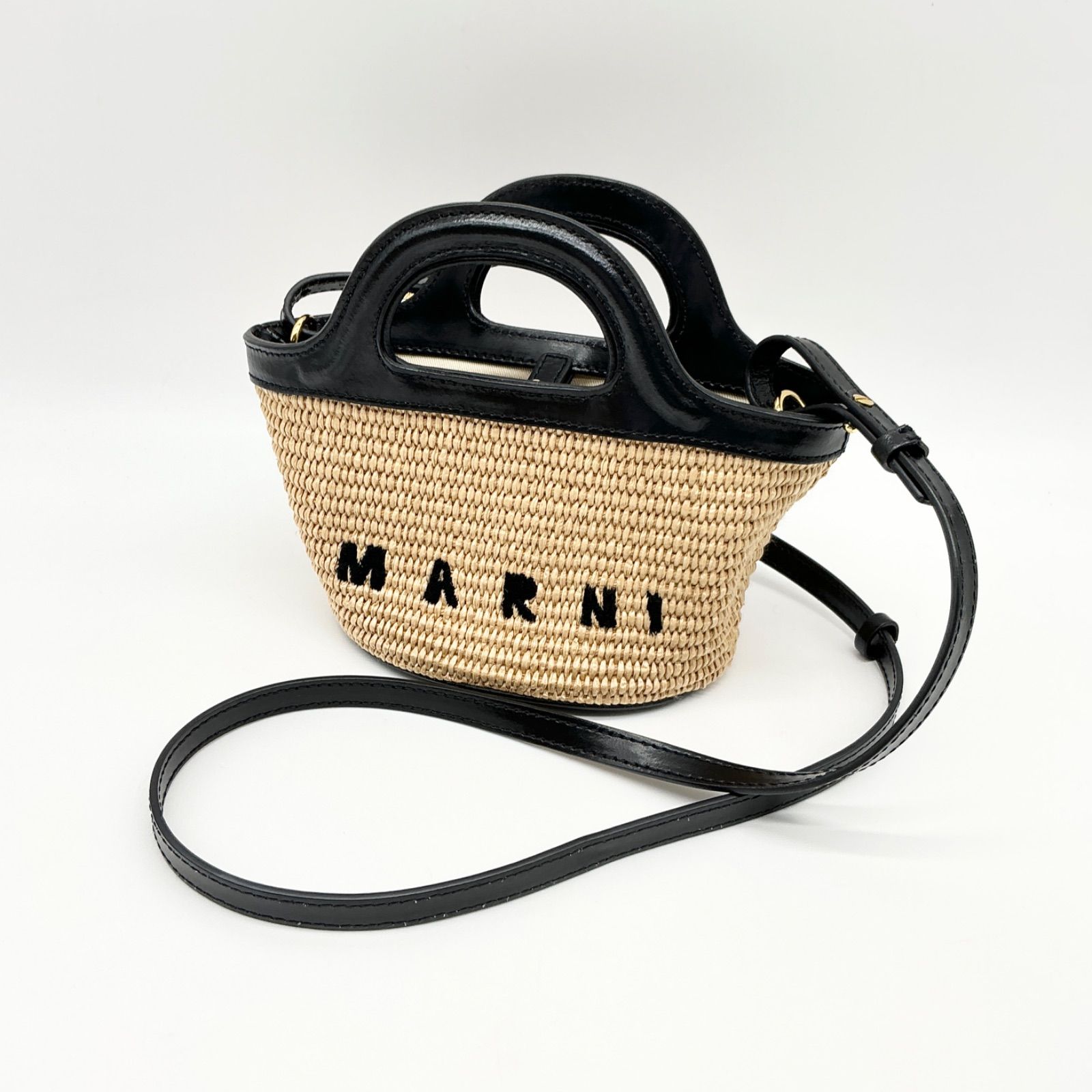 MARNI マルニ トロピカリア マイクロバッグ カゴバッグ ハンドバッグ ショルダーバッグ 2wayラフィア レザー ベージュ ブラック ゴールド金具 ミニバッグ 【中古】Aランク　2_322