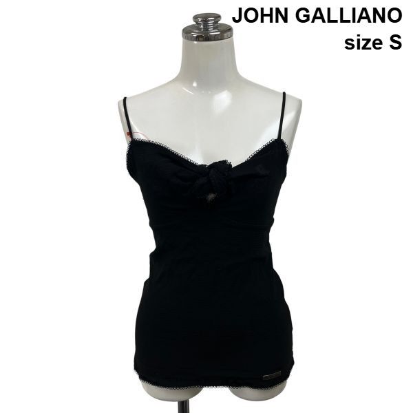 ◆ ジョンガリアーノ JOHN GALLIANO キャミソール ノースリーブ リボンノット 英字新聞風 黒 シルク ｓ 7号 レディース S6I400