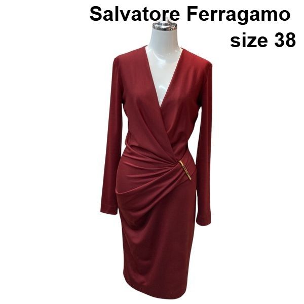 ●◆ サルヴァトーレフェラガモ Ferragamo カシュクールワンピース Vネック 長袖 ひざ丈 ワインレッド ウール100％ 38 M レディース Z6D328 21,001円