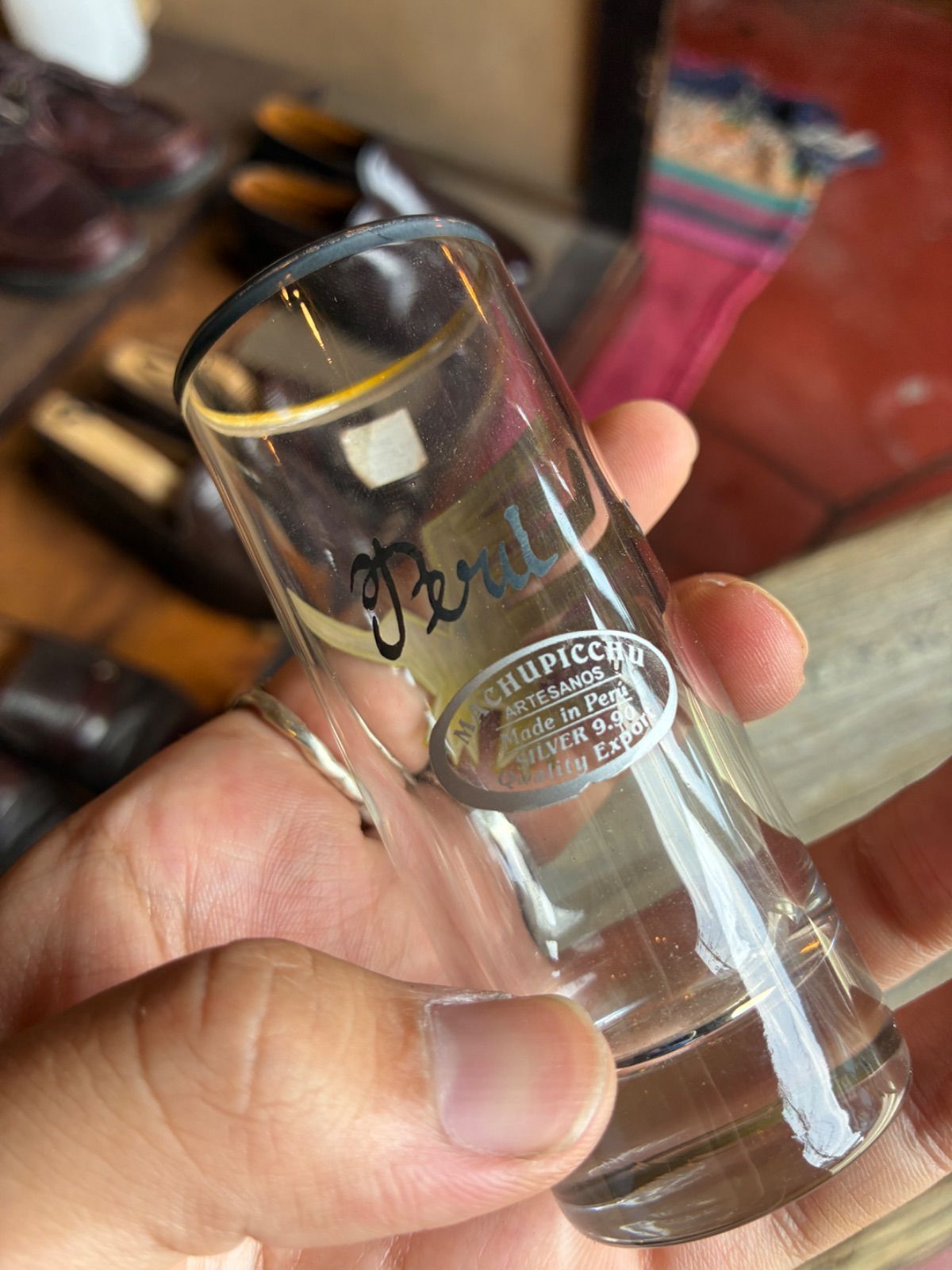 MACHUPICCHU ARTESANOS shot glass with fine silver (Silver 990) overlay, made in Peru 3