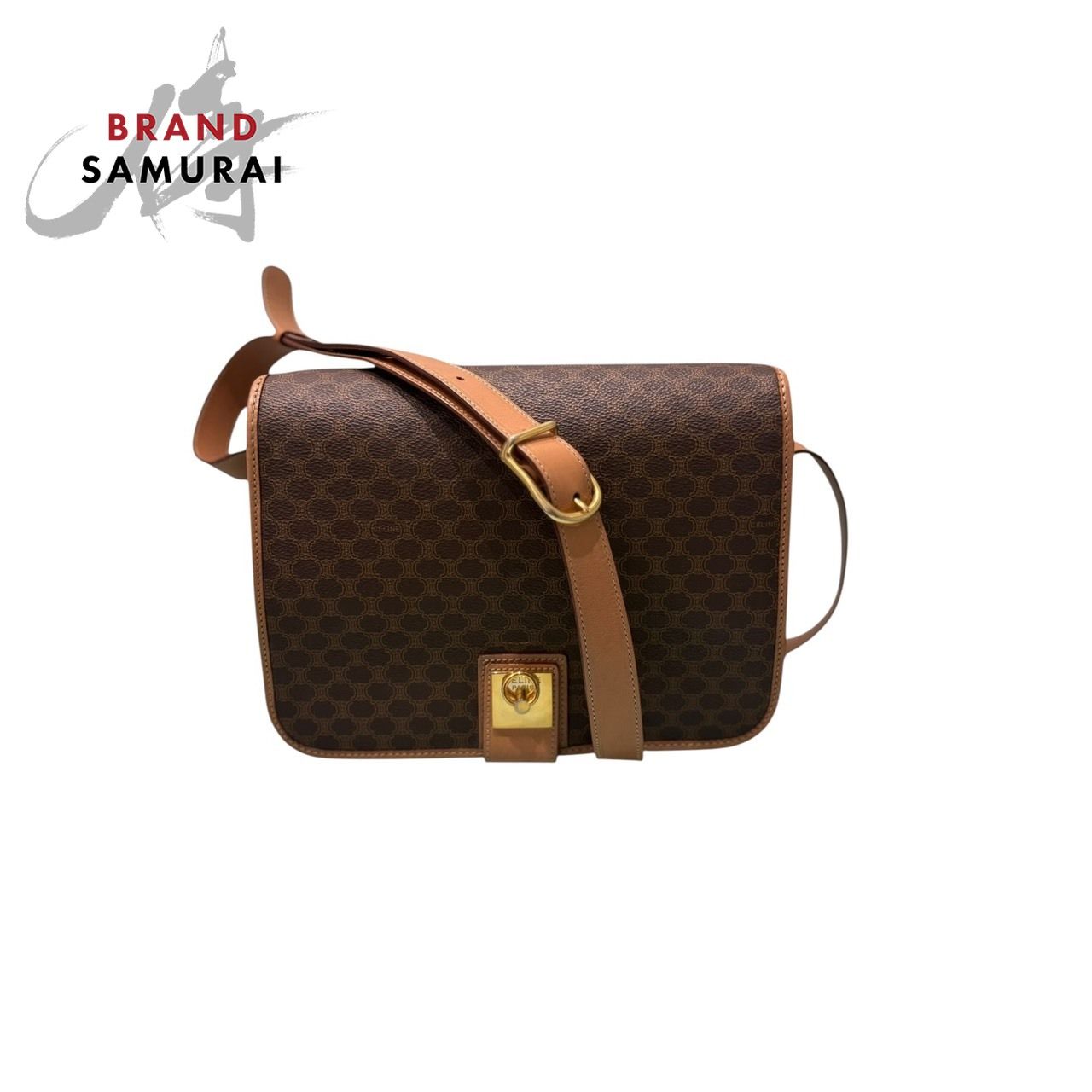CELINE セリーヌ マカダム ブラウン ゴールド金具 レザー ショルダーバッグ レディース S1-00171【中古】