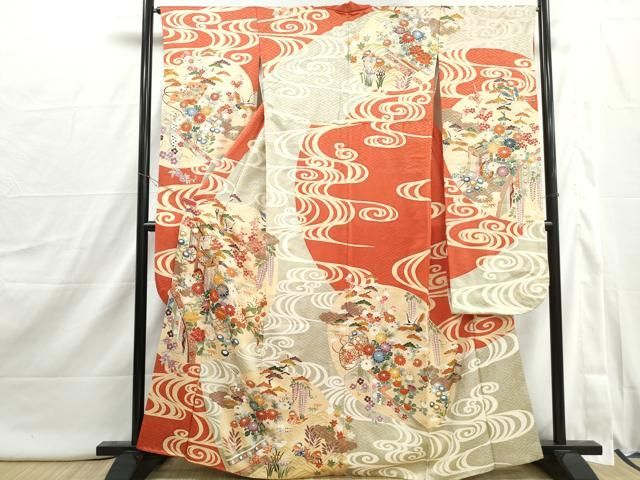 平和屋着物□豪華振袖 駒刺繍 流水飛鶴花文 松竹梅 金彩 正絹 逸品
