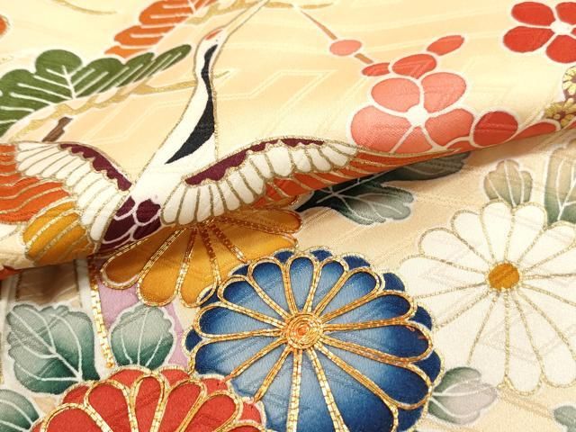 平和屋着物□豪華振袖 駒刺繍 流水飛鶴花文 松竹梅 金彩 正絹 逸品
