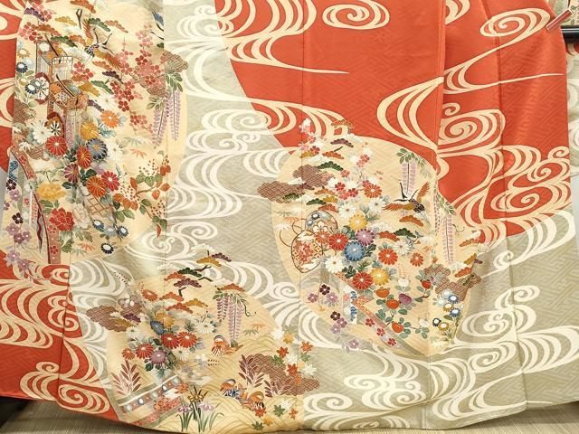 平和屋着物□豪華振袖 駒刺繍 流水飛鶴花文 松竹梅 金彩 正絹 逸品