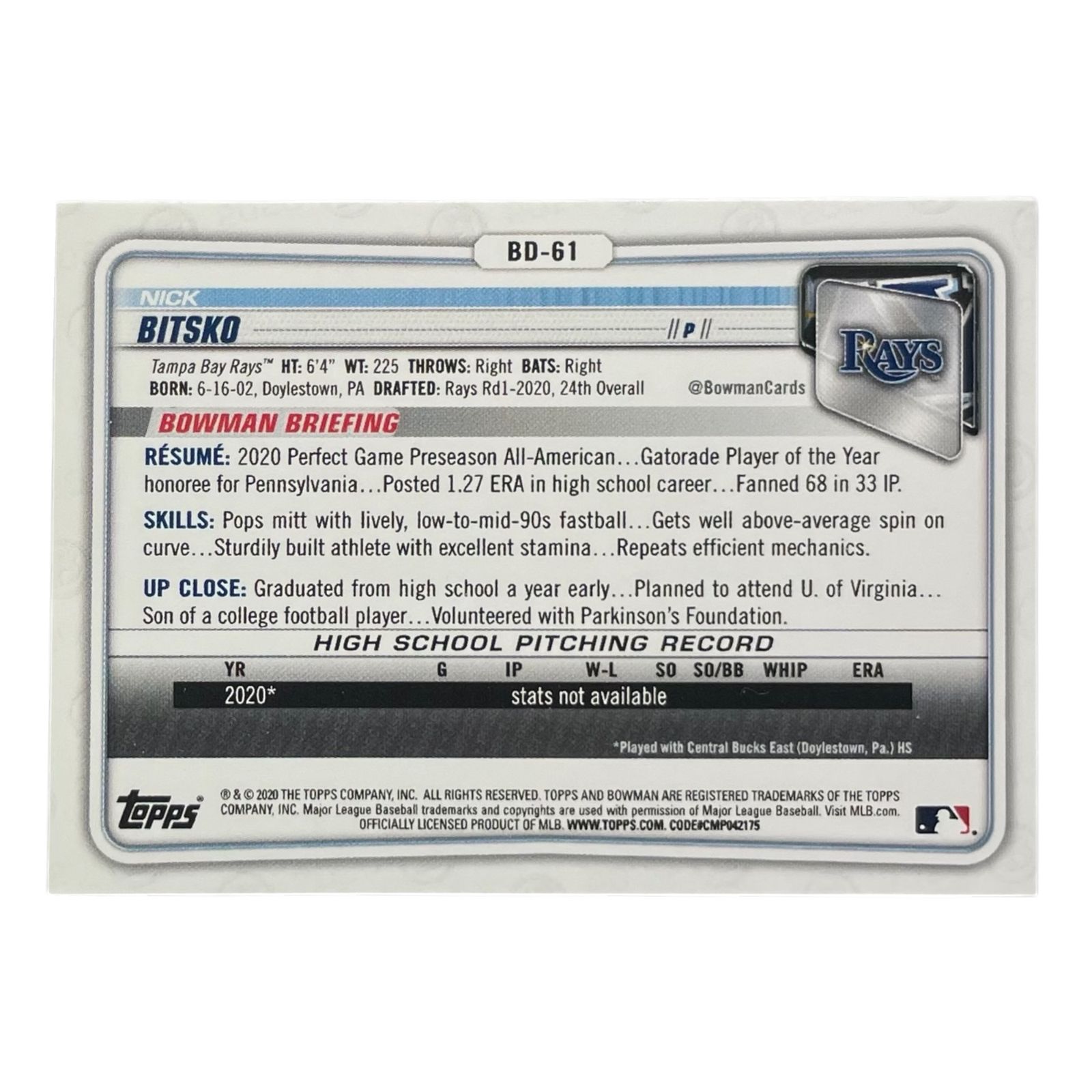 TOPPS MLBカード BOWMAN 1ST NICK BITSKO TAMPA BAY RAYS /499 #BD-61