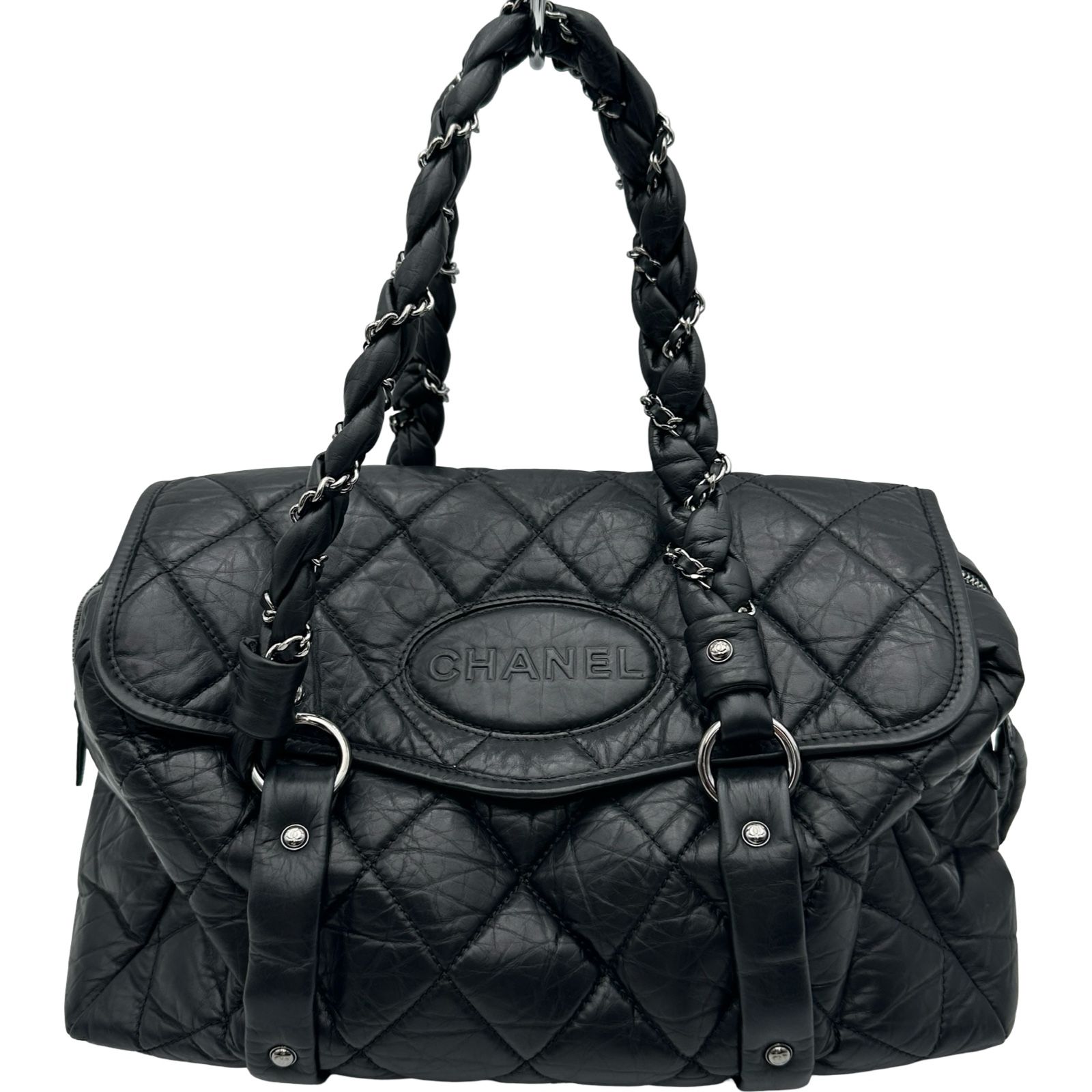 シャネル CHANEL ロゴボウリングチェーンショルダー 10番台 ブラック シルバー金具 エイジドカーフ レディース ショルダーバッグ