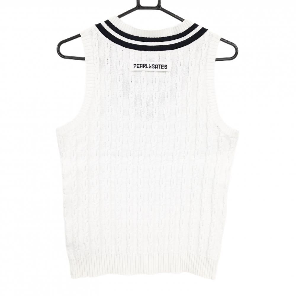 超美品】パーリーゲイツ ニットベスト 白×ネイビー ケーブル編み V