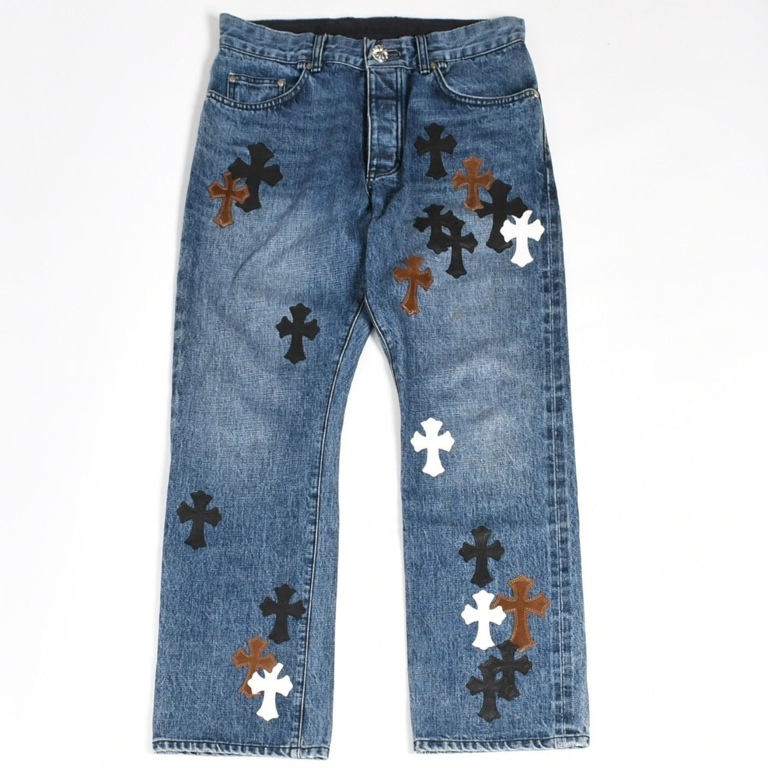 極美品 CHROME HEARTS クロムハーツ セメタリークロスパッチ デニムパンツ ジーンズ サイズ32 35パッチ クロスボール ブルー 中古 4a006043 1,270,500円