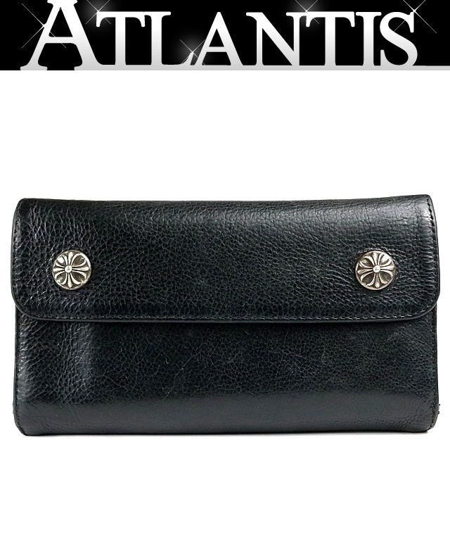 CHROME HEARTS 銀座店 クロムハーツ ウェーブ ウォレット クロスボタン 三つ折り財布 メンズ レザー SV925 黒 101160 CHROME HEARTS 銀座店 クロムハーツ ウェーブ ウォレット クロスボタン