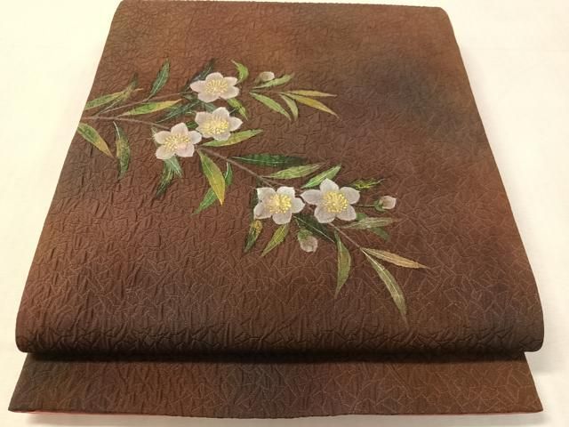 平和屋着物●六通柄袋帯　手描き　ふくれ織　草花文　正絹　逸品　未使用　CABL0124vp