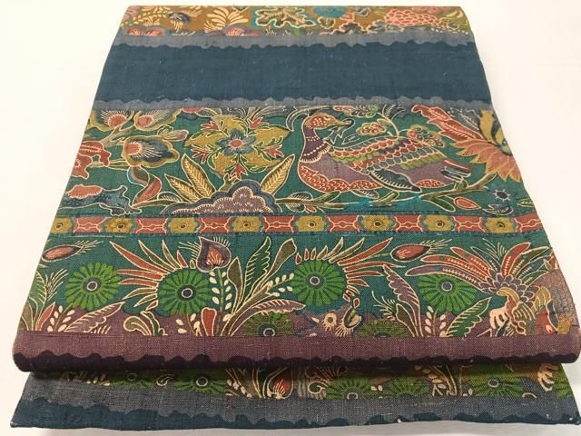 平和屋着物●前田仁仙　仁仙更紗　全通柄袋帯　紬　横段花鳥文　正絹　逸品　CABL0129vp