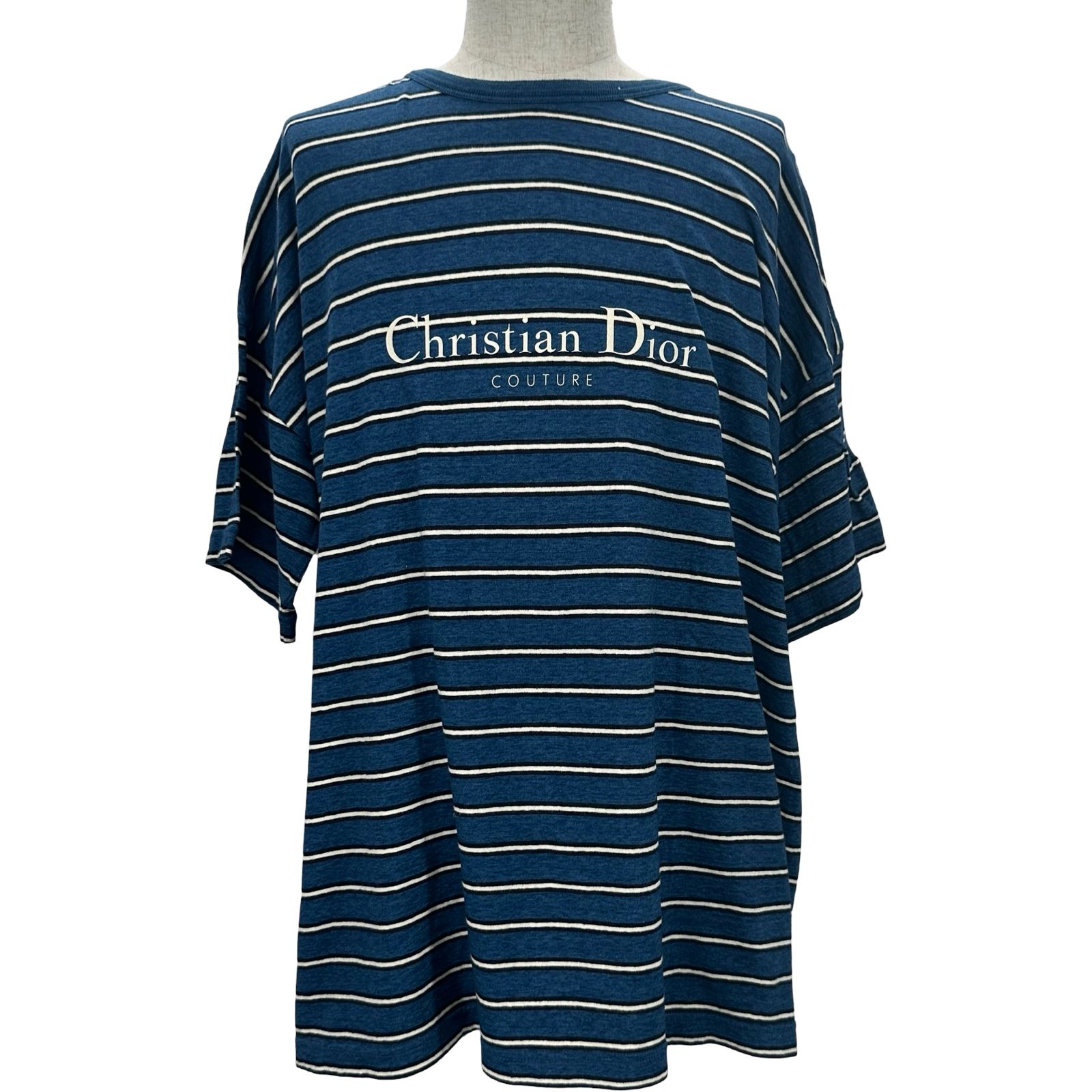 クリスチャン・ディオール Christian Dior フロントロゴボーダー半袖Tシャツ 493J671B0938 ブルー コットン メンズ 半袖Ｔシャツ