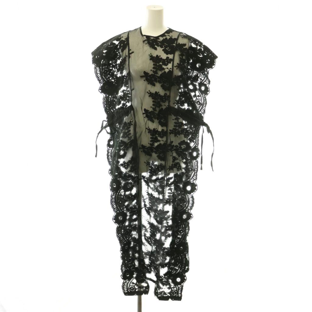 クラネ CLANE 25AW FLOWER SHEER LACE LONG TOPS トップス ロングシャツ フラワー刺繍 シアー レース フレンチスリーブ 2 黒 ブラック /HS ■OS