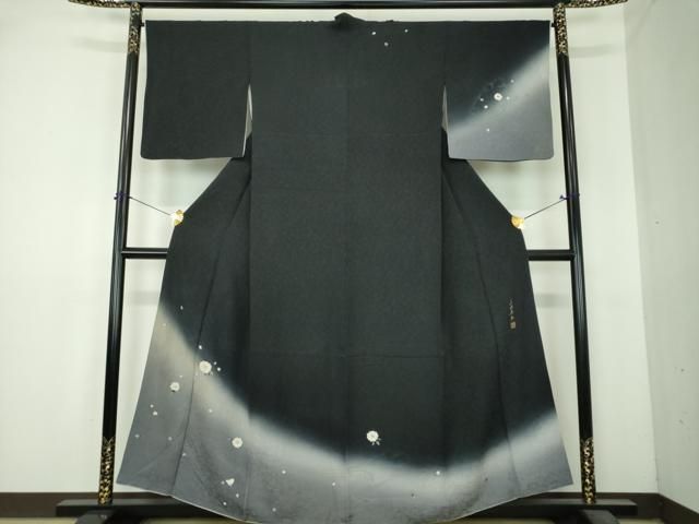 平和屋着物●世界的友禅作家 千地泰弘 訪問着 流水桜 暈し染め 黒地 正絹 逸品 DABI6392ps