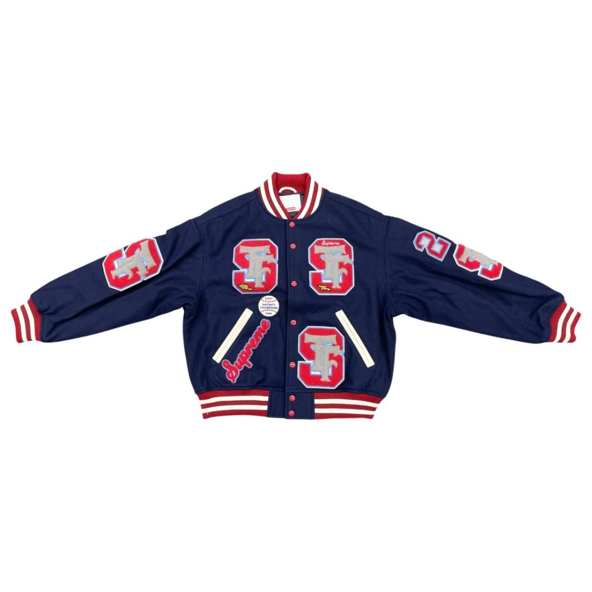 ☆シュプリーム スタジャン ドリルチーム バーシティ ジャケット Mサイズ ウール ナイロン レザー ロゴ ネイビー レッド Drill Team Varsity Jacket Supreme