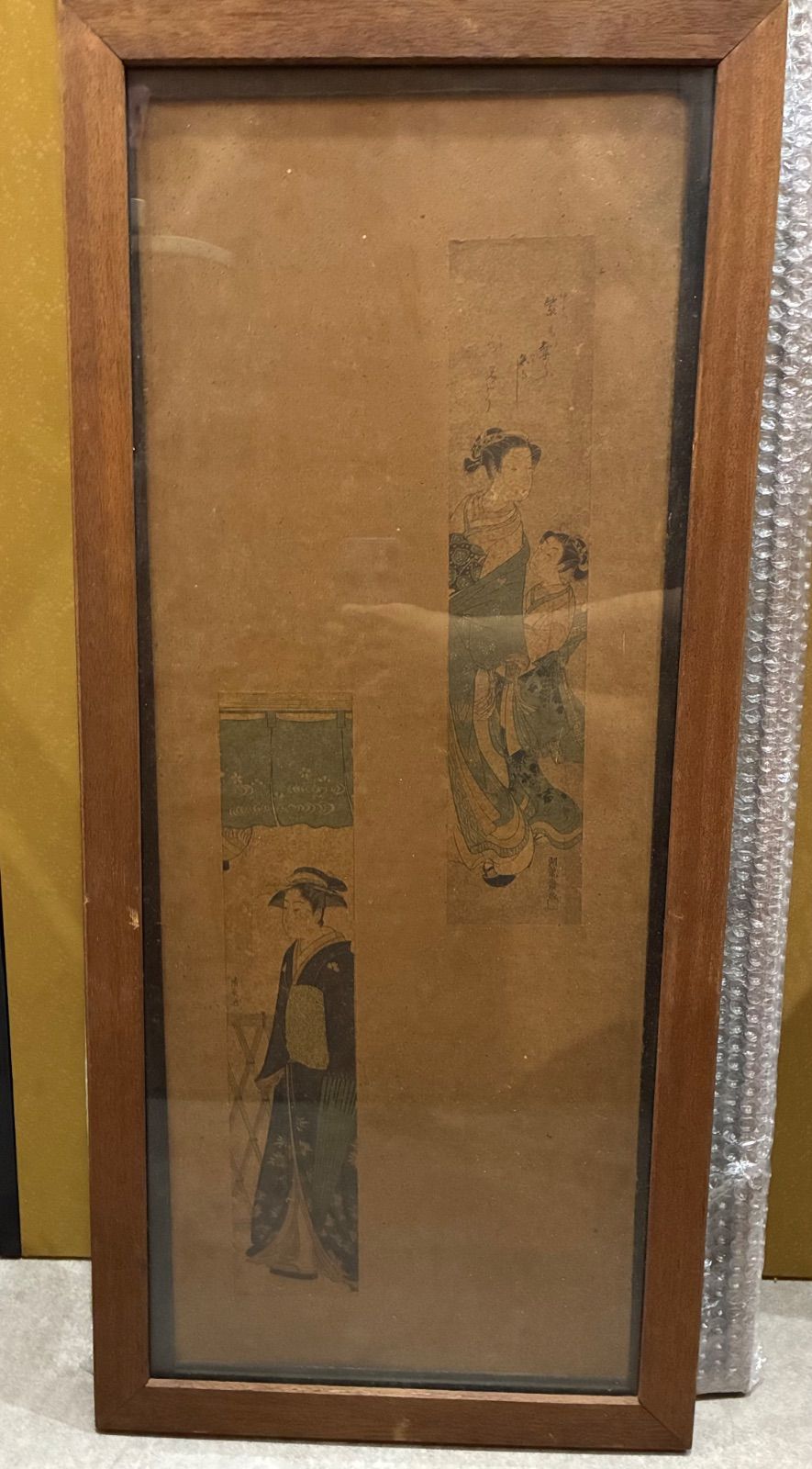 [Framed] Edo period Ukiyo-e pillar painting with 2 stickers “Torii Kiyonaga” and “Isoda Lake Ryusai” beauty painting woodblock print antique