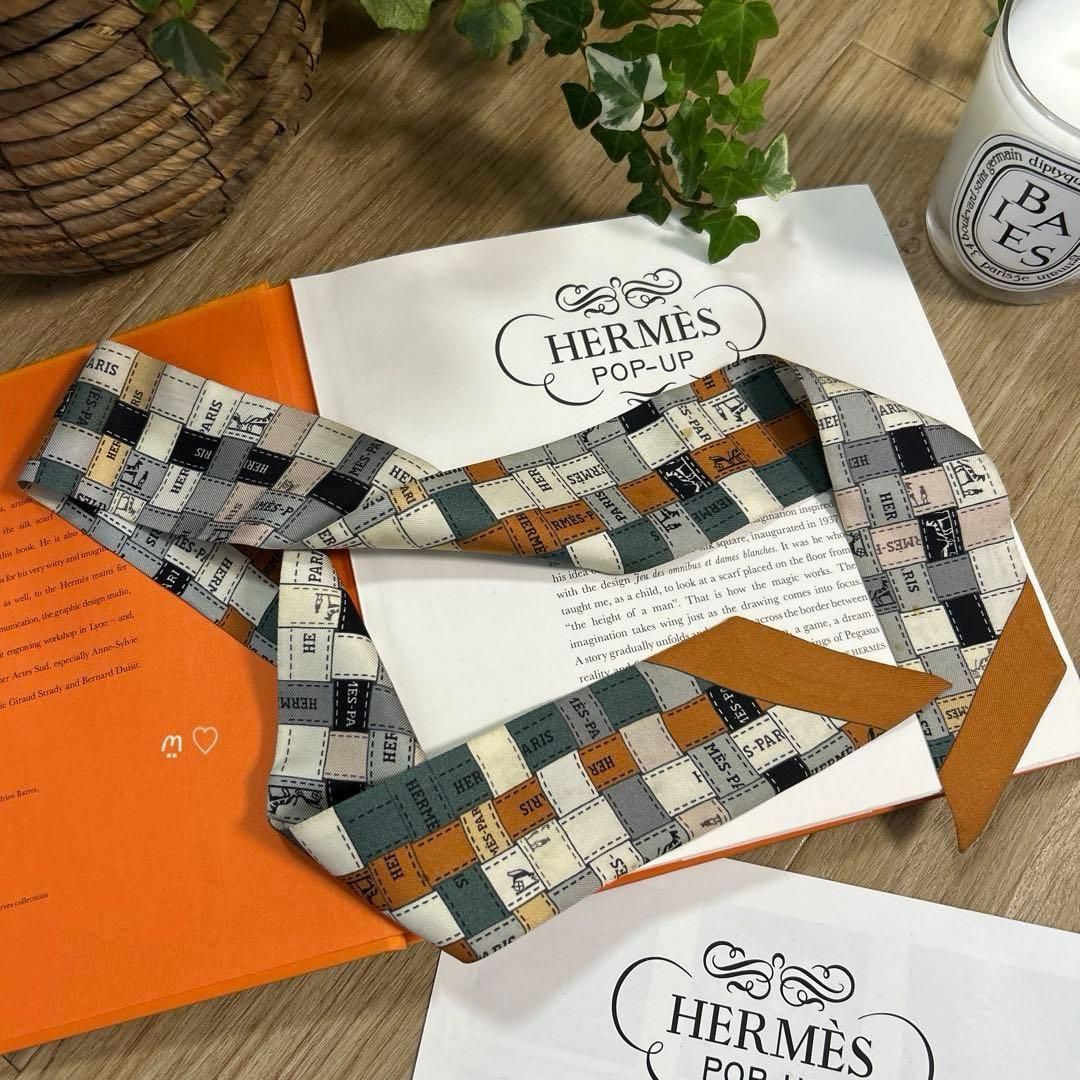 HERMESエルメス　ツイリー　ボルデュックリボンチェック　シルクスカーフ HERMESエルメス ツイリー ボルデュックリボンチェック シルクスカーフ