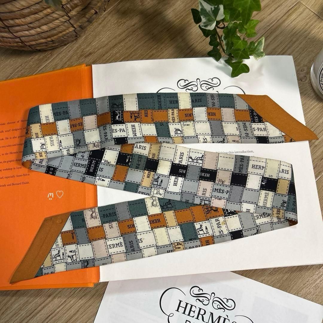 HERMESエルメス ツイリー ボルデュックリボンチェック シルクスカーフ