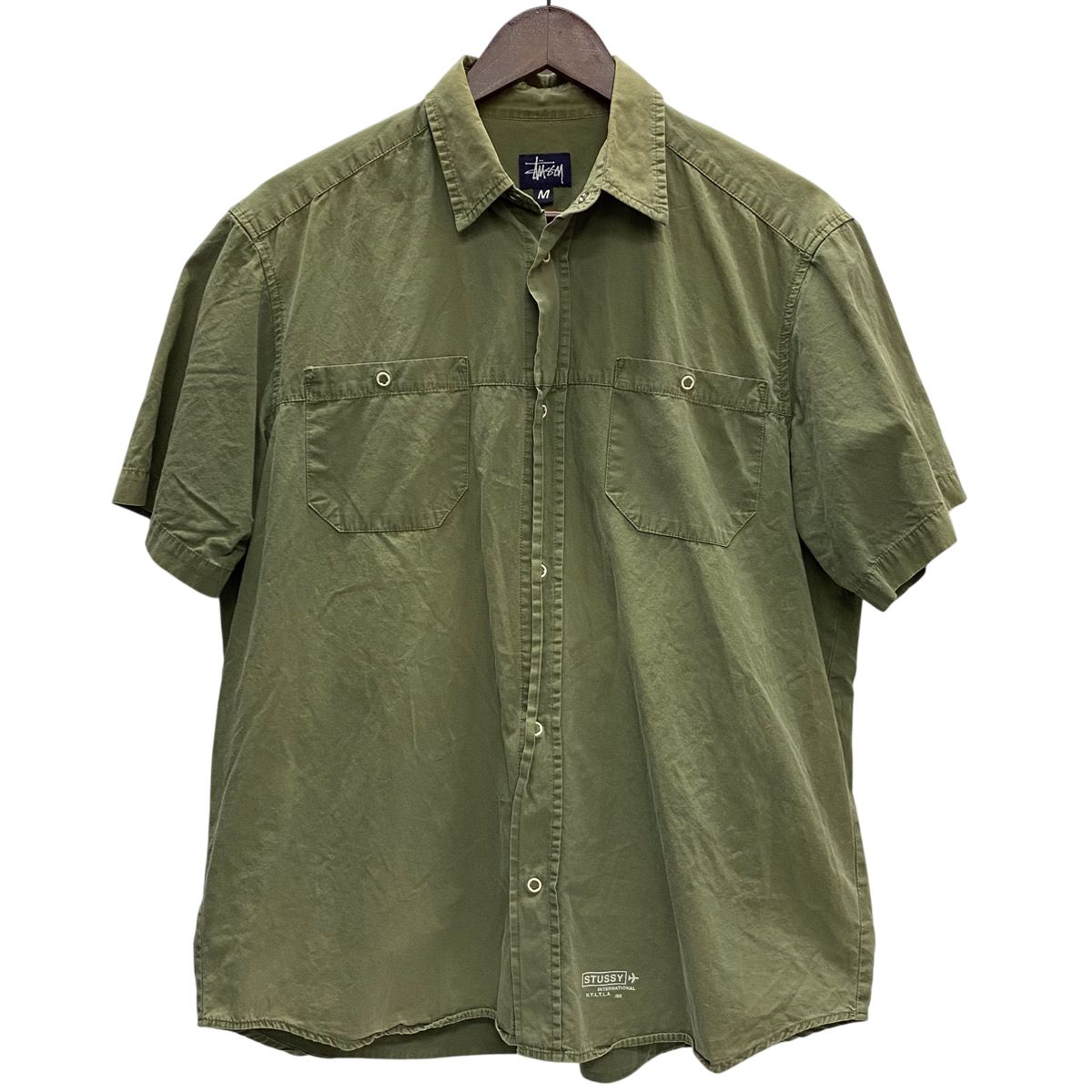 ステューシー STUSSY 90's 00's 紺タグ USA製 OLD STUSSY ワークシャツ 半袖シャツ グリーン Mサイズ 201MT-6402 VB