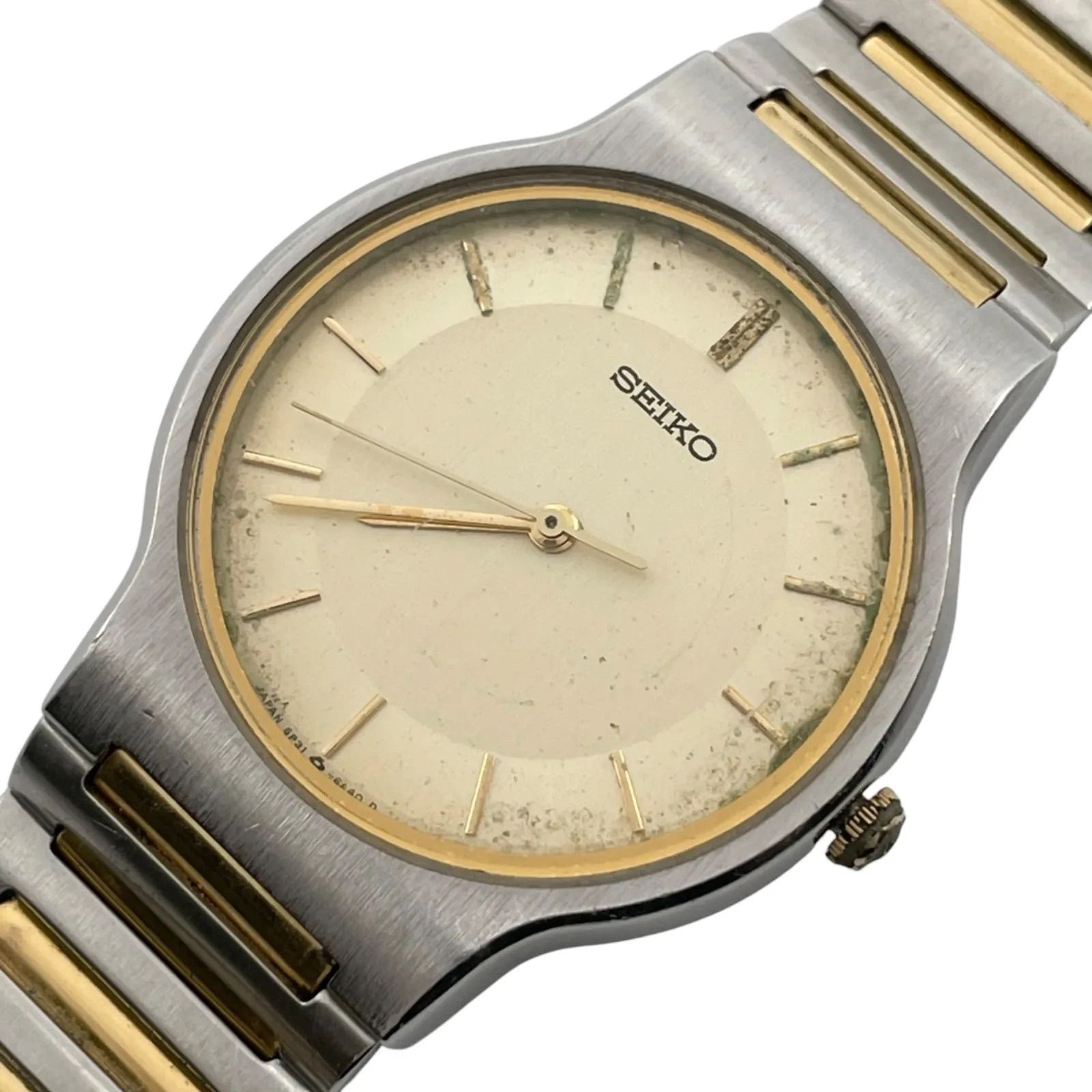 稼働/新品電池　SEIKO　セイコー　腕時計　ヴィンテージ　5P31-6A2A　クォーツ　アナログ　3針　ラウンド　メンズ　ゴールド文字盤　コンビカラー　シルバー　メタルバンド　純正ベルト【w20】