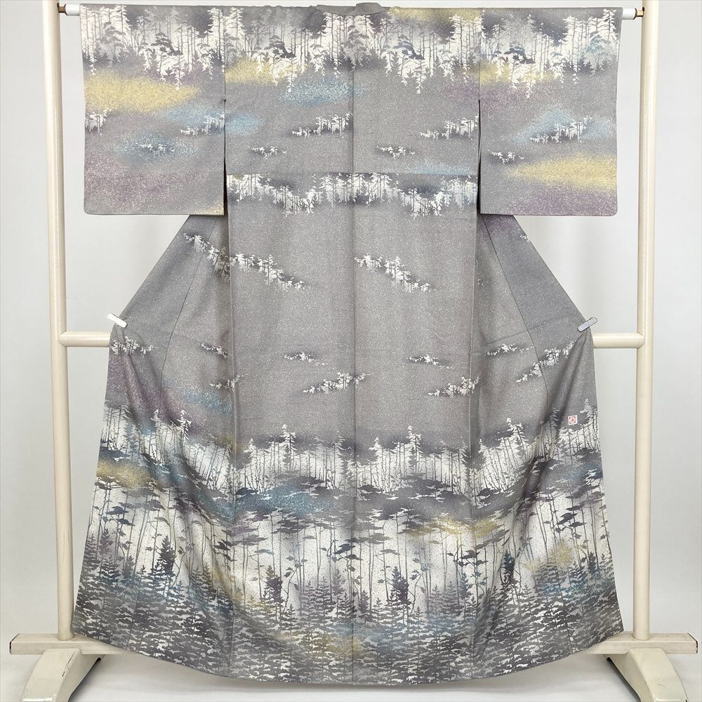 たんす屋 TANSU-YA 着物 リユース着物 紬訪問着 グレー フォーマル セミフォーマル 木々 風景 牛首紬 袷 絹 洗い済 【身丈】156cm【裄丈】63cm 7650004362098