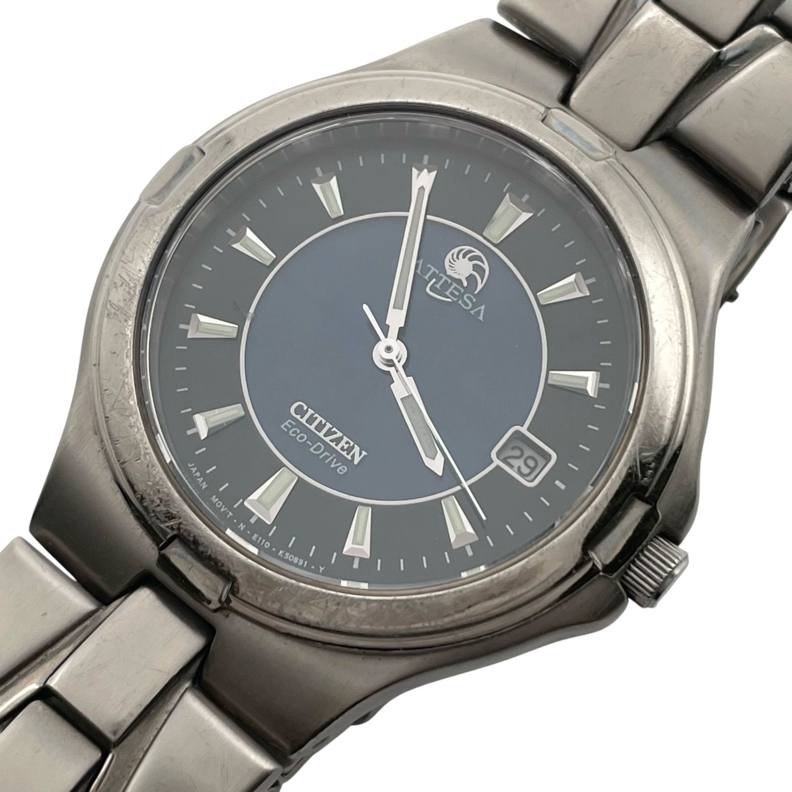 稼働　CITIZEN　シチズン　ATTESA　アテッサ　Eco Drive　エコドライブ　腕時計　ソーラー　E110-K17934　チタン　ネイビー文字盤　アナログ　ラウンド　3針　デイト　メンズ【w24】 7,546円