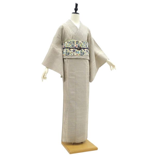 新古品】 結城紬 単衣 着物 未使用 春 秋 正絹 100亀甲 薄ベージュ 黒